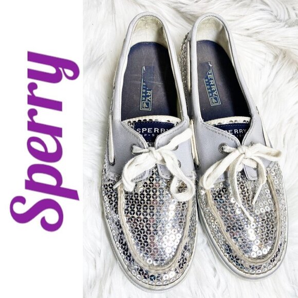 SPERRY TOPSIDER Bahama Silver Sequin Boat Shoe, Size 7 - Picture 1 of 12